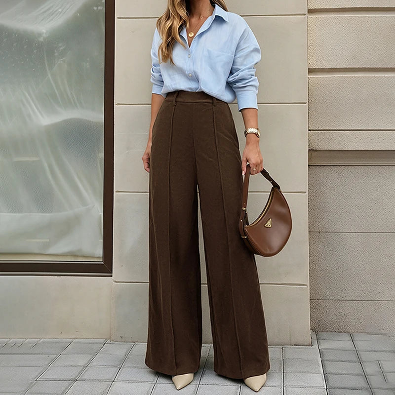 Pantalon large en velours côtelé à taille haute pour femme