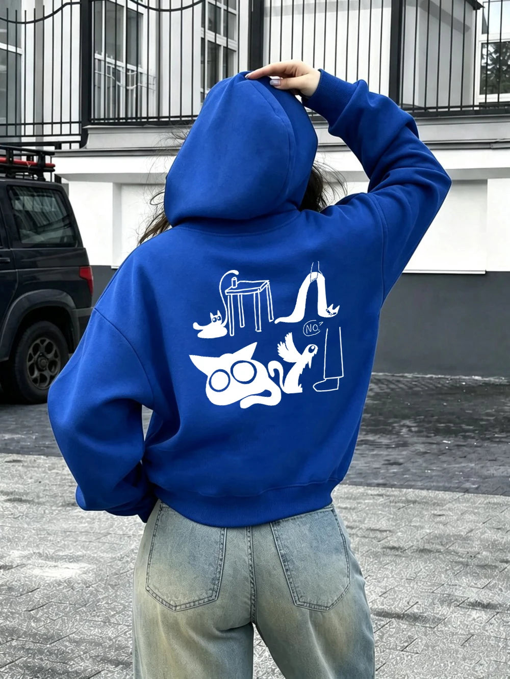 Sweat à capuche imprimé chat rigolo pour femmes