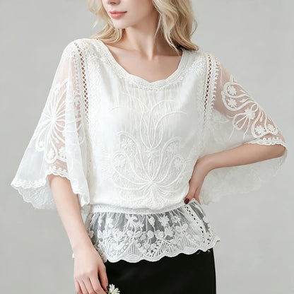 Chemisier en Mousseline Femme – Broderies et Manches Mi-Longues
