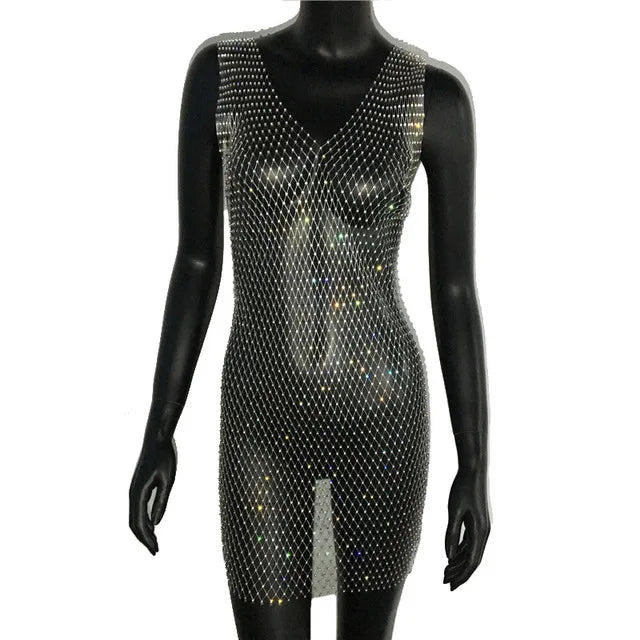 Robe de soirée en résille scintillante, strass, paillettes pour femmes