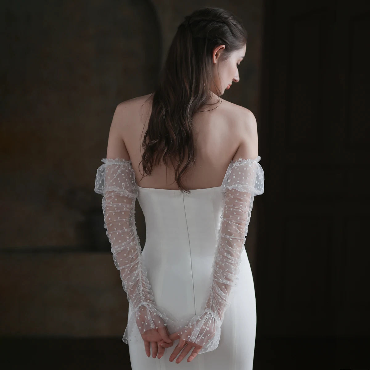Gants blancs à manches longues en tulle à volants pour femmes