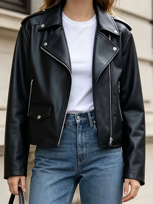 Veste Similicuir Femme – Zip Asymétrique et Détails Argentés