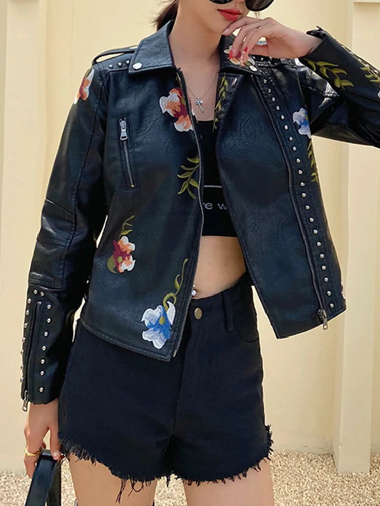 Veste en similicuir vintage imprimé floral pour femmes