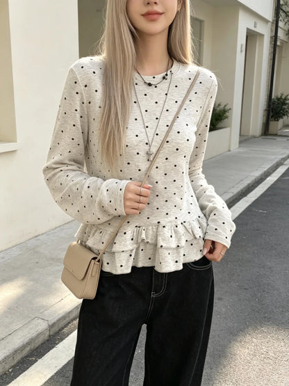 T-shirt à Pois Femme – Manches Longues et Finitions à Volants