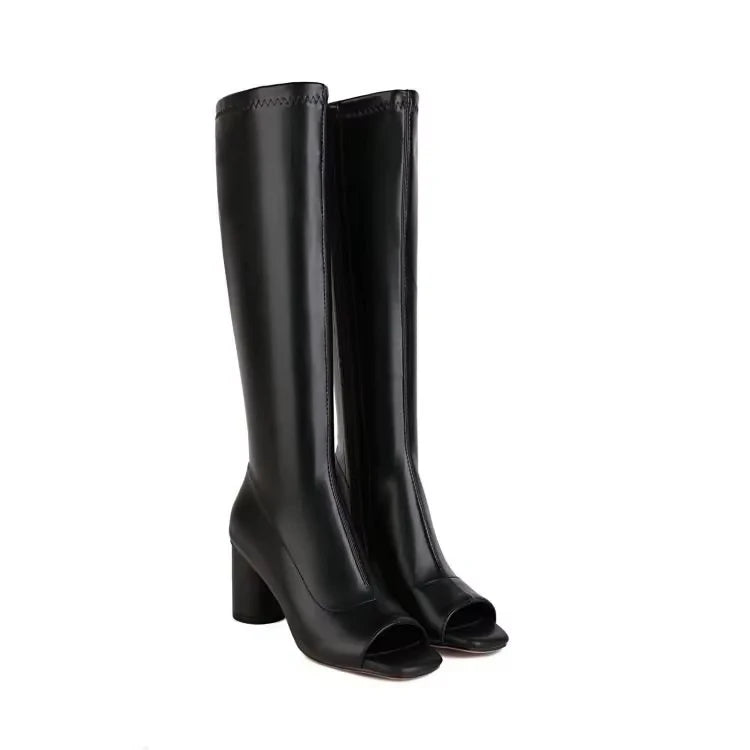 Bottes hautes en cuir verni à bout ouvert pour femmes