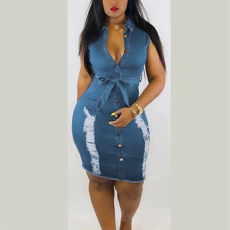 Robe en jean taille haute à lacets pour femmes