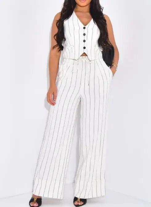 Ensemble deux pièces débardeur court rayé à col V et pantalon large décontracté taille haute avec poches pour femmes
