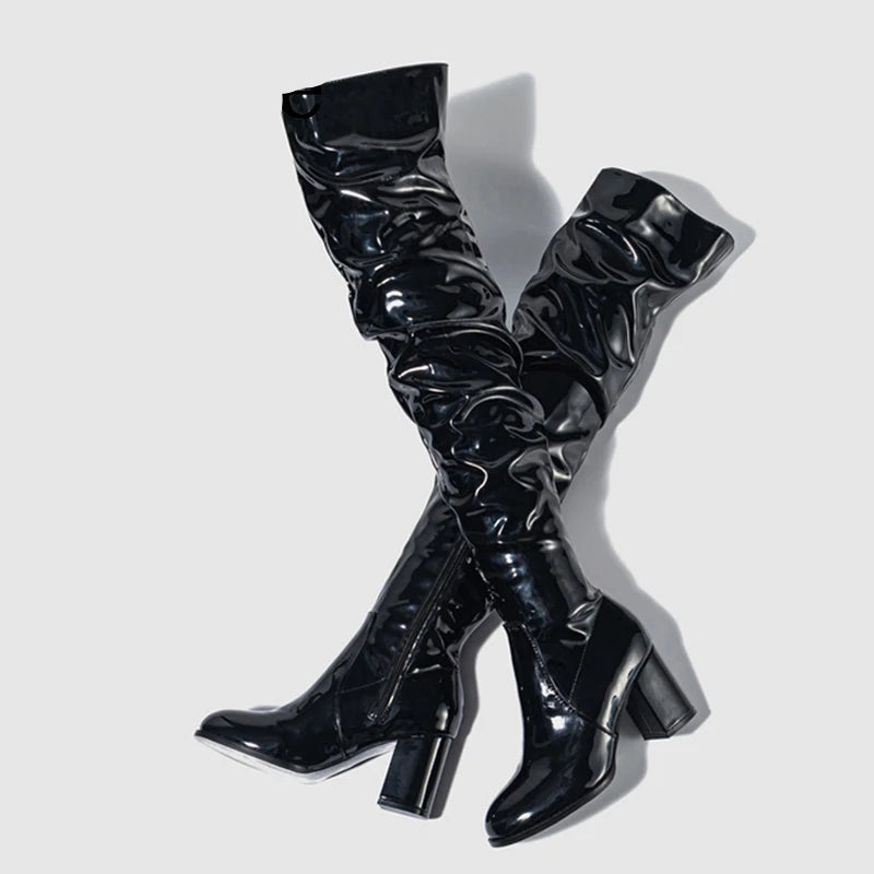 Bottes au genou en cuir verni pour femmes