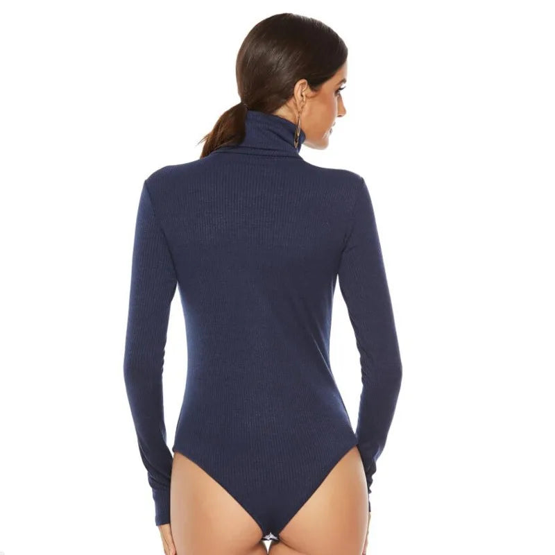 Body slim tricoté à manches longues et col roulé pour femmes