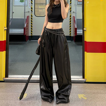 Pantalon large femme en simili cuir PU à taille élastique