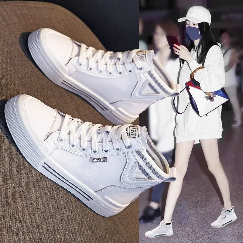 Basket montantes polyvalentes en cuir véritable pour femmes