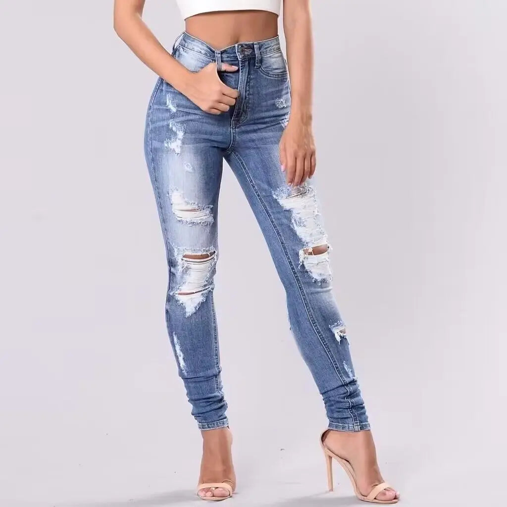 Jeans déchirés taille haute pour femmes