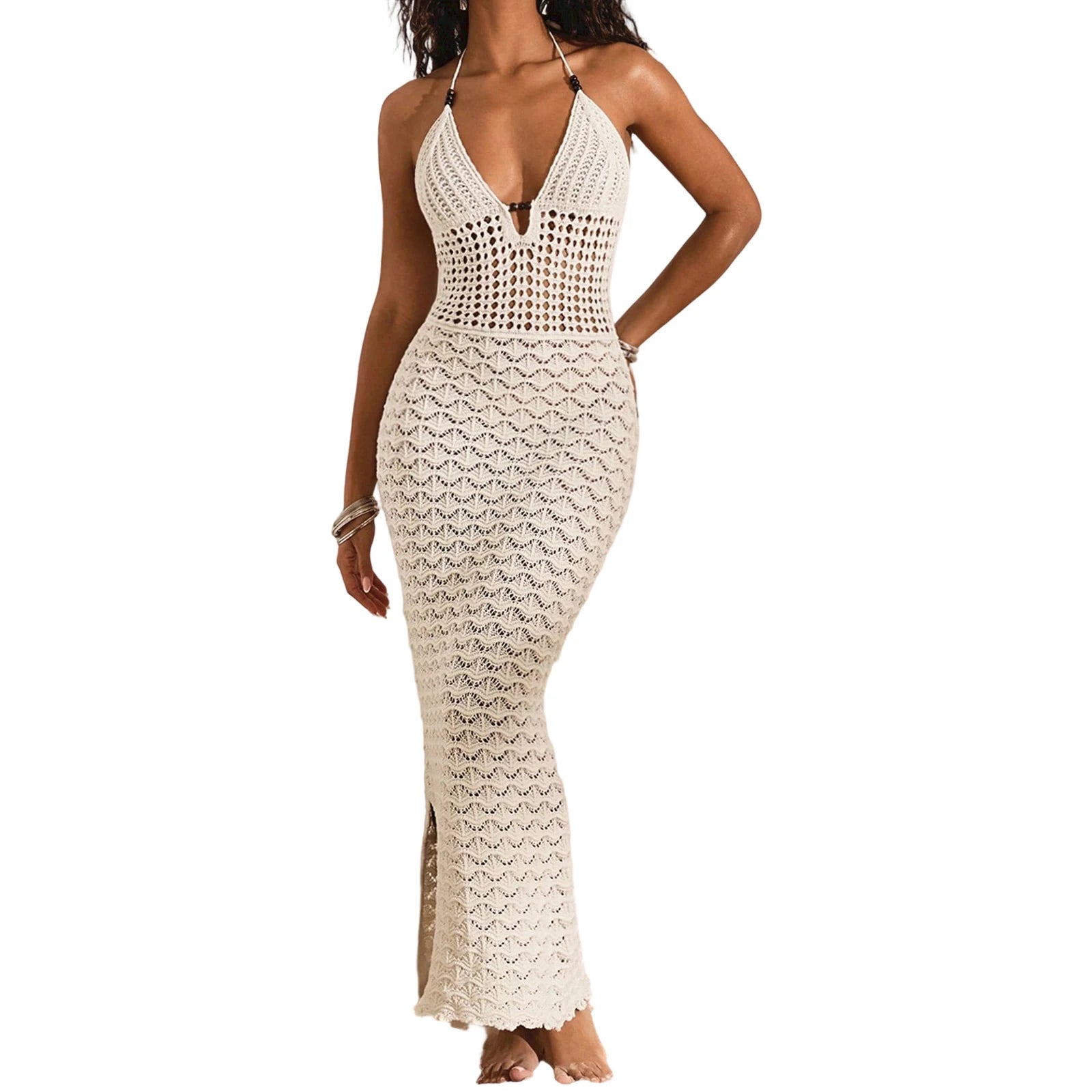 Robe longue moulante en crochet ajouré sans manches à col halter pour femmes