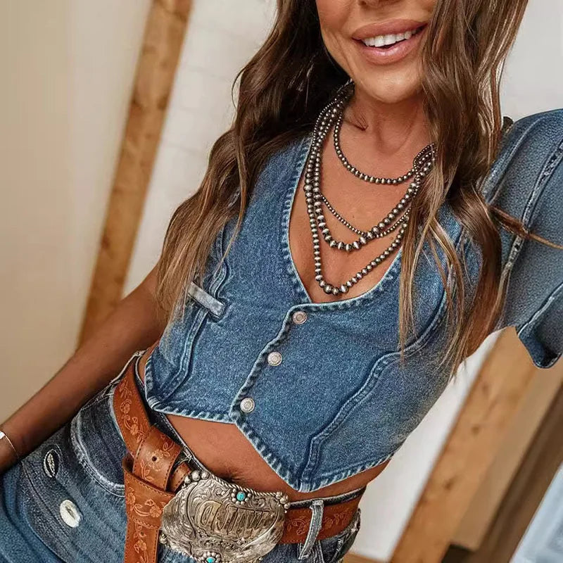 Gilet en jean sans manches à simple boutonnage pour femmes