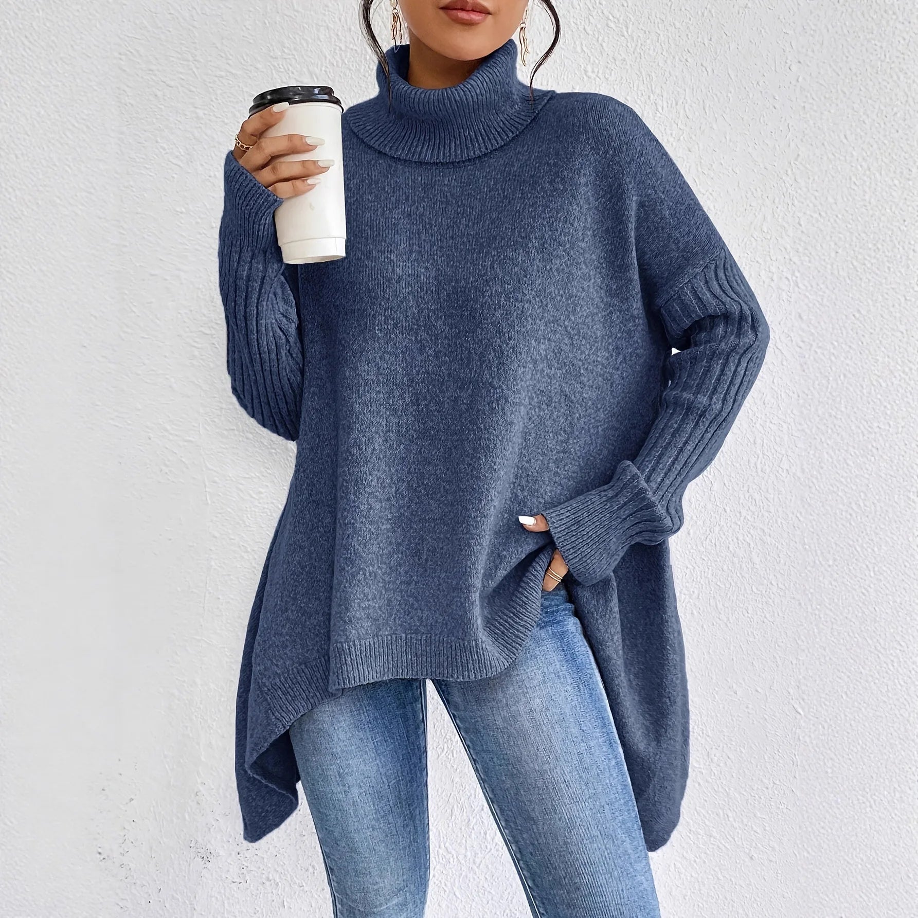 Pull en maille ample à col roulé bleu marine pour femmes