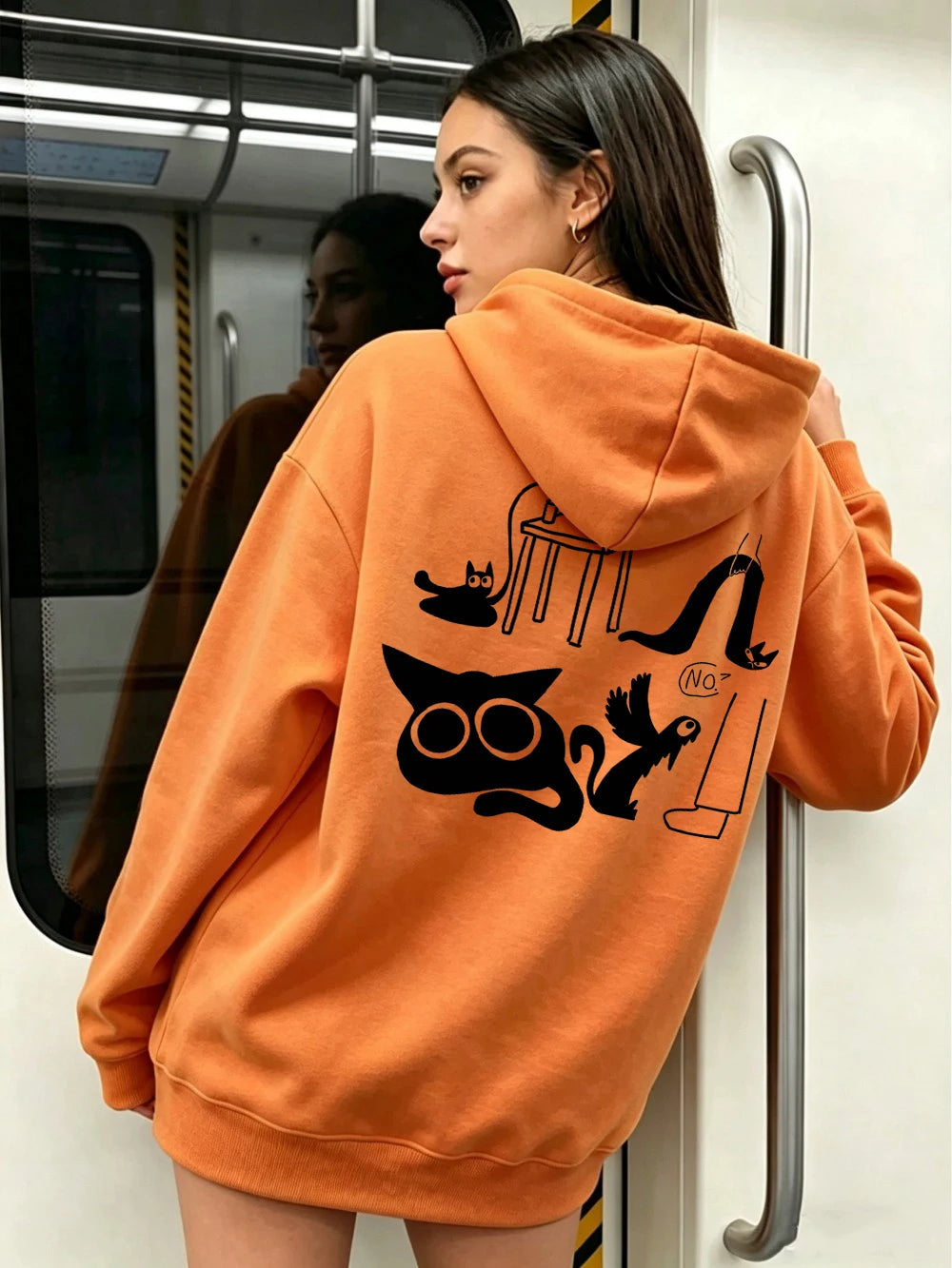 Sweat à capuche imprimé chat rigolo pour femmes