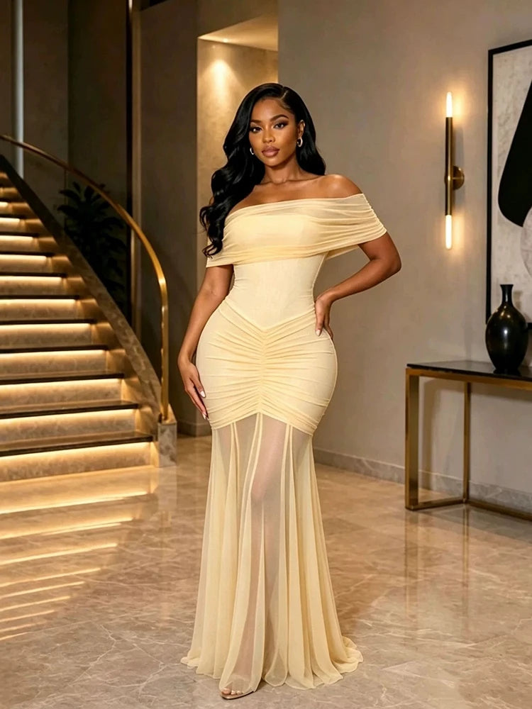 Robe Longue d’Été Femme – Maille et Épaules Dénudées