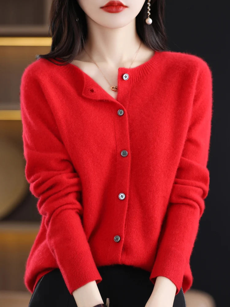 Cardigan à col rond en laine mérinos pour femmes
