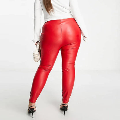 Pantalon Grande Taille en Similicuir à Taille Élastique