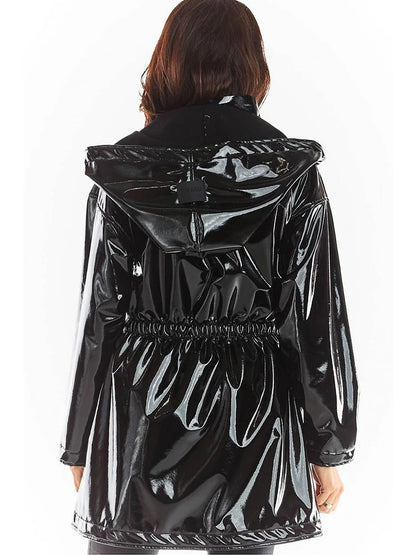 Manteau Verni à Capuche et Fermeture Boutonnée