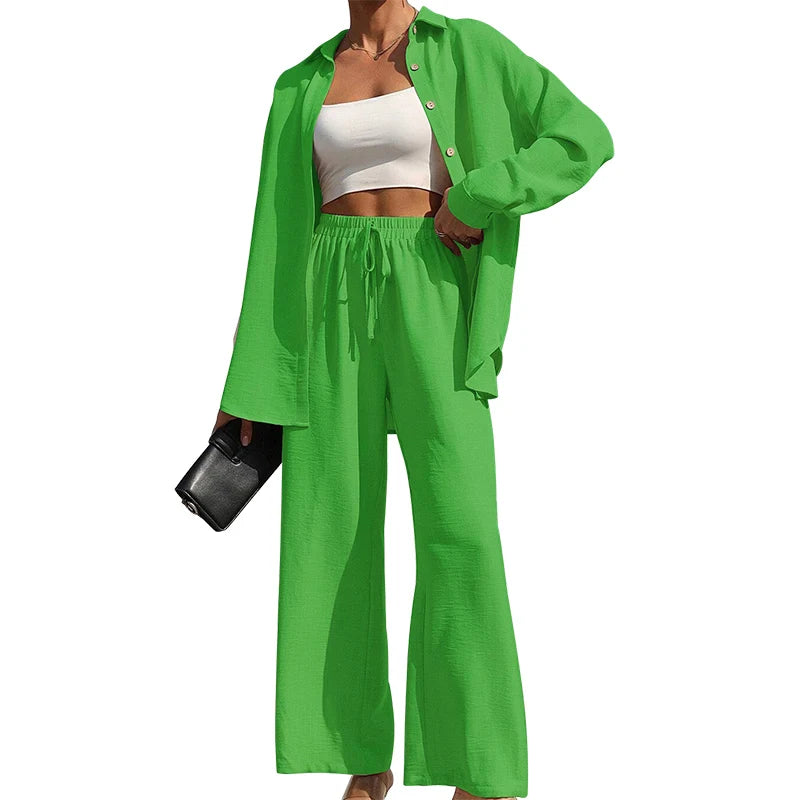 Ensemble deux pièces chemise boutonnée unie et pantalon large à nouer sur le devant pour femmes