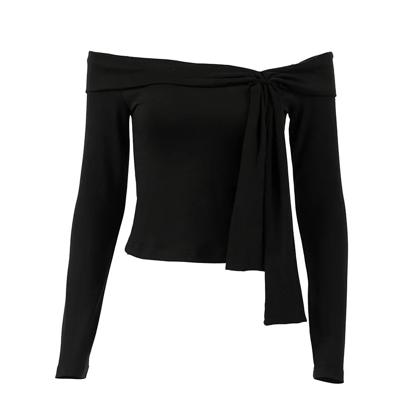 T-shirt moulant à manches longues et épaules dénudées avec nœud pour femmes