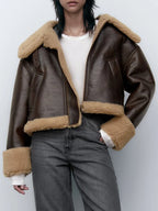 Manteau en faux cuir PU et fourrure de mouton pour femmes
