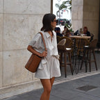 Ensemble deux pièces décontracté rayé en coton lin chemise ample et shorts pour femmes