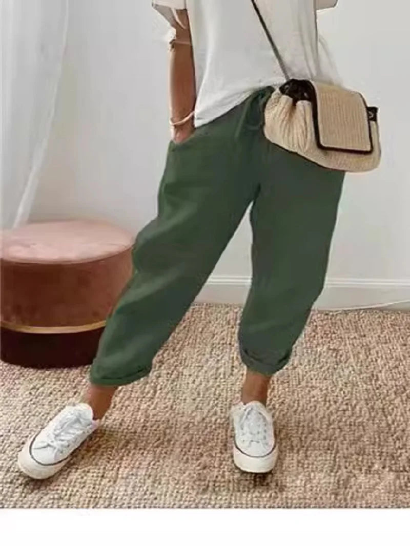 Pantalon court en coton et lin pour femmes