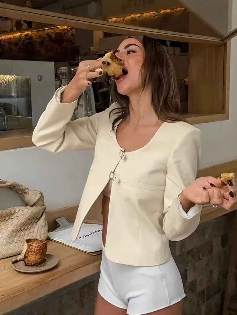 Veste polyvalente ajustée à col bas et taille haute pour femmes