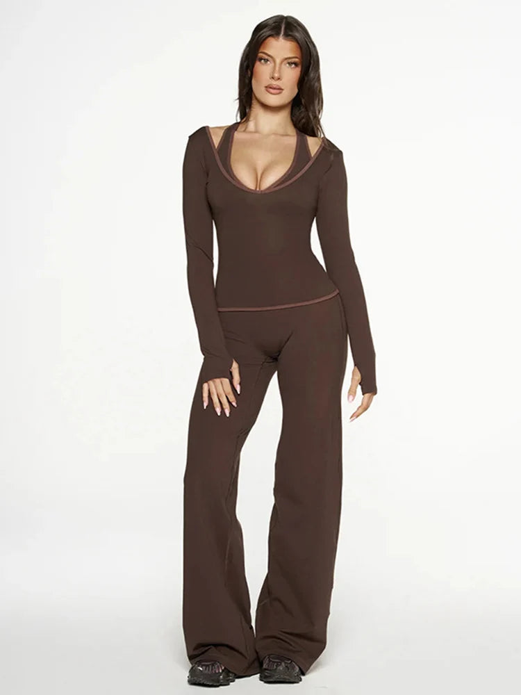 Ensemble pantalon à jambes droites et haut à col en v pour femmes