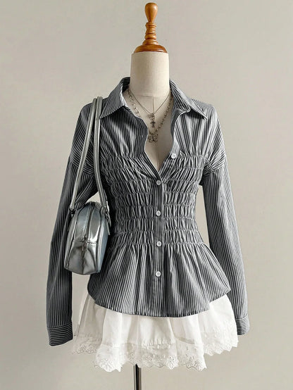 Chemisier Rayé Femme – Taille Froncée et Col Élégant