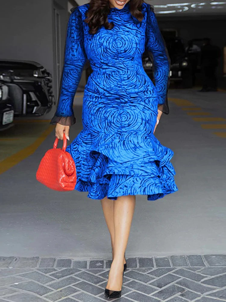 Robe mi-longue à manches longues et volants pour femmes