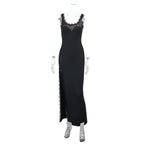Robe longue moulante en dentelle sexy fendue jusqu'à la cuisse pour femmes