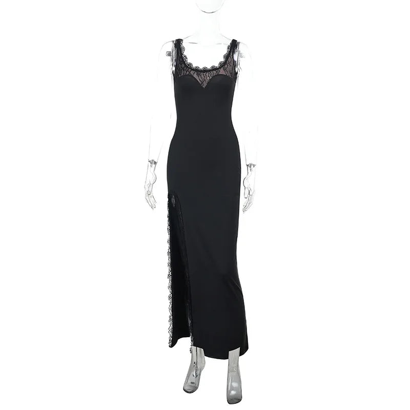 Robe longue moulante en dentelle sexy fendue jusqu'à la cuisse pour femmes