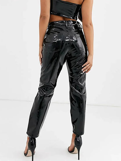 Pantalon Taille Haute en Similicuir Brillant avec Poches
