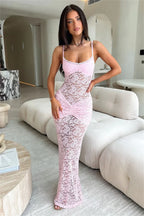 Robe longue sexy en dentelle à fines bretelles pour femmes