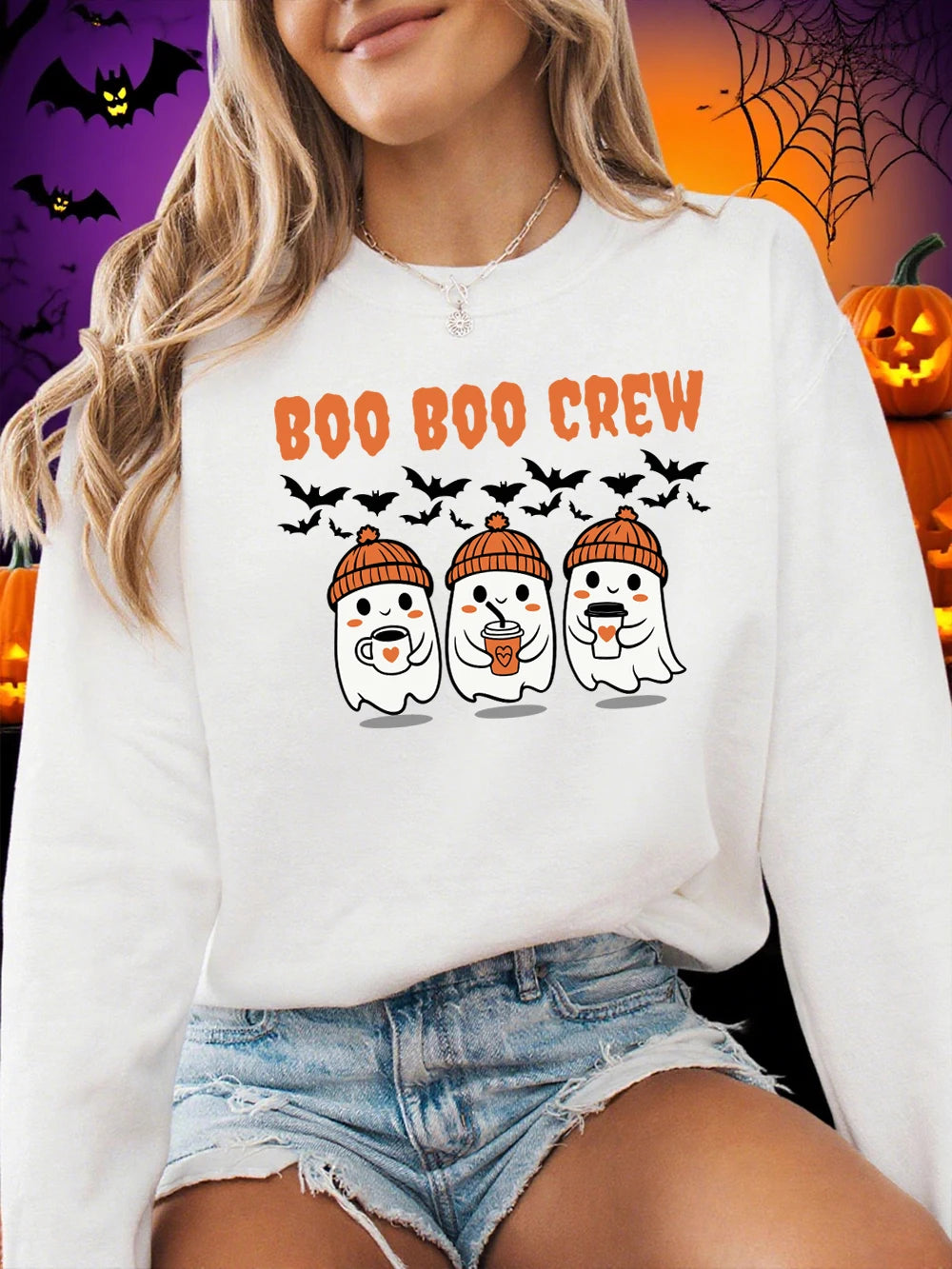 Sweat-shirt d'Halloween Boo Boo Crew à imprimé fantôme pour femmes