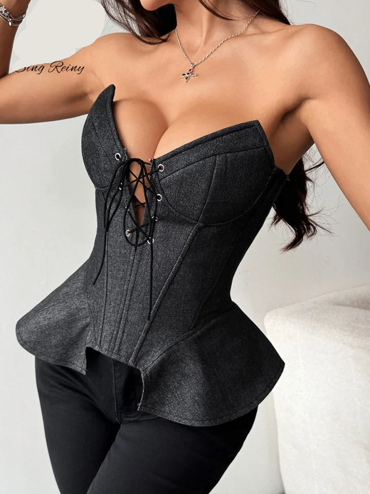 Débardeur Corset en Denim Rétro Américain