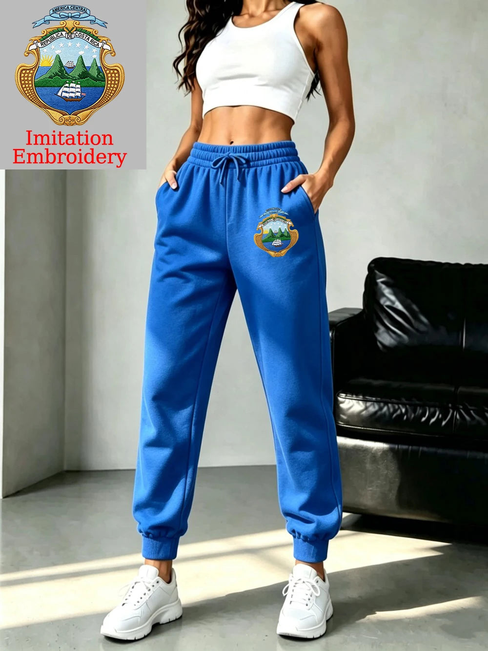Pantalon de jogging basique en polaire à taille élastique imprimé emblème du Costa Rica pour femmes