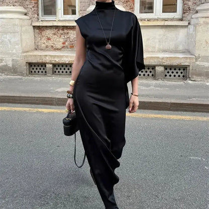 Robe Longue en Satin Uni Femme – Col Montant