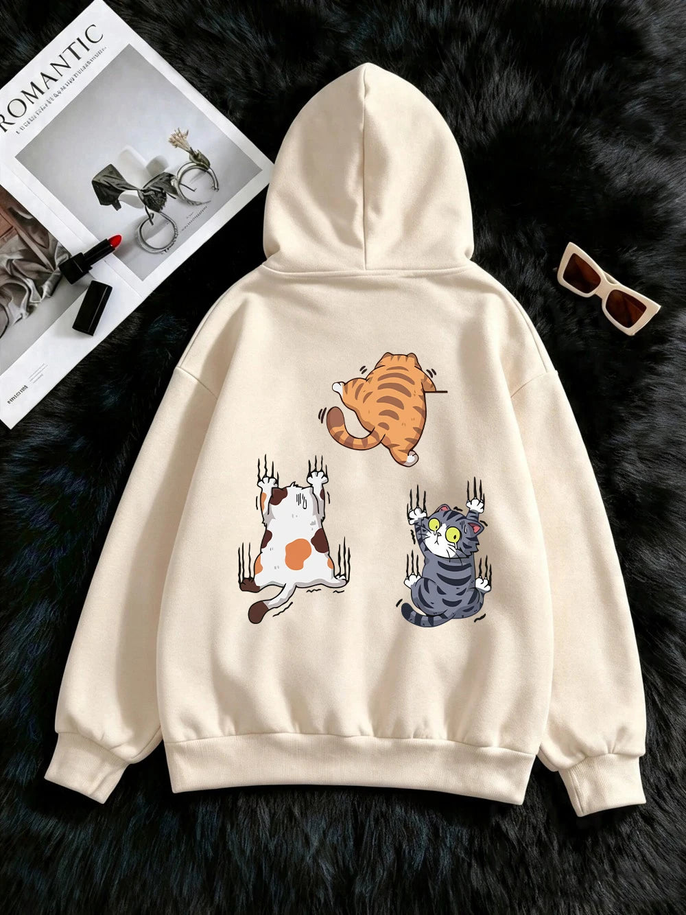 Sweat à capuche imprimé « Trois chats qui grimpent » pour femmes