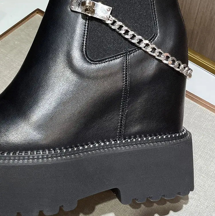Bottine compensées en cuir véritable pour femmes