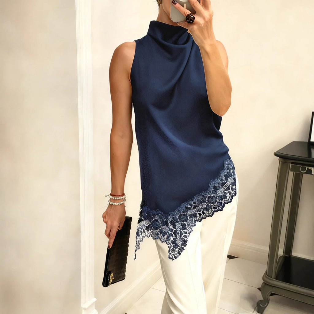Gilet en soie asymétrique sexy avec empiècements en dentelle pour femmes