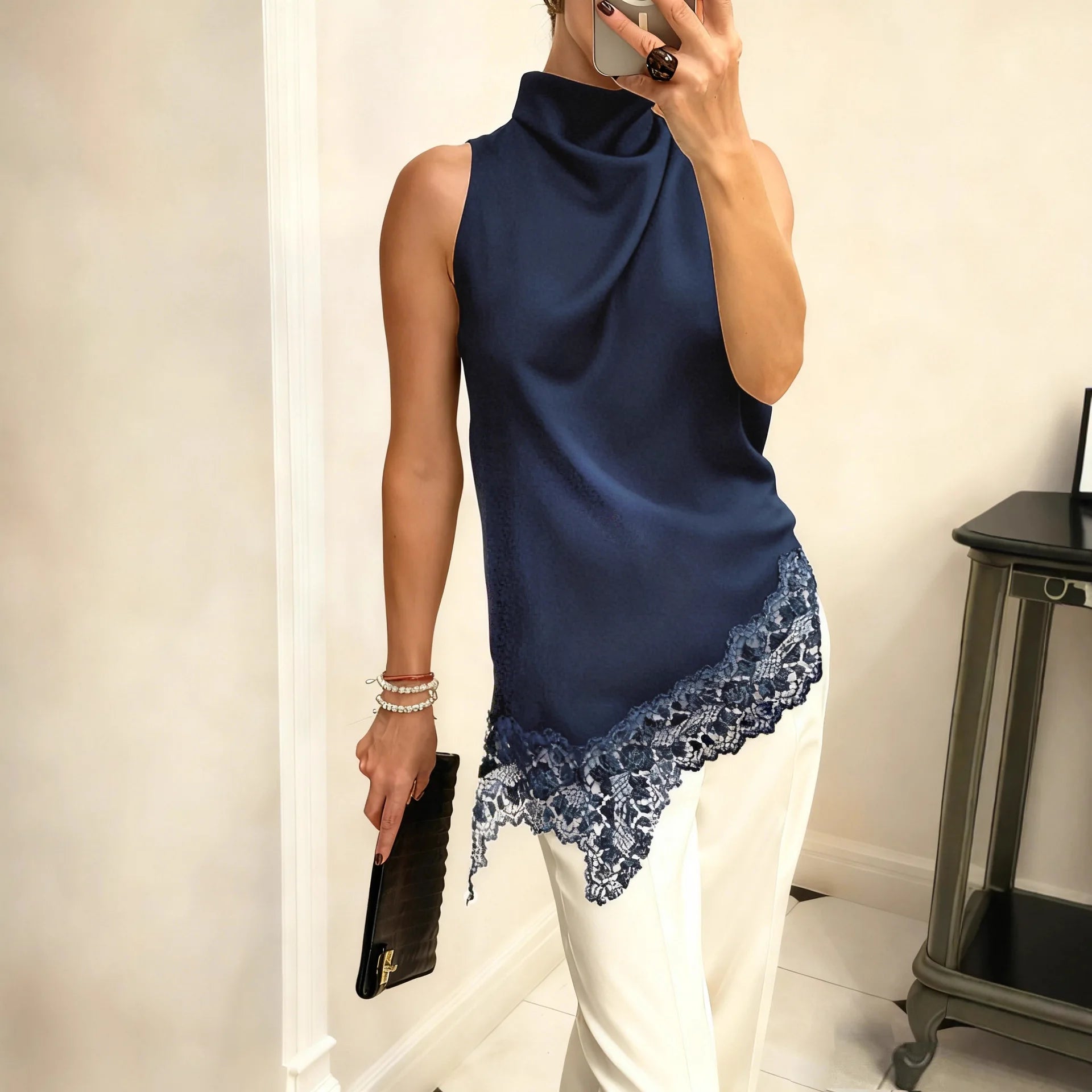 Gilet en soie asymétrique sexy avec empiècements en dentelle pour femmes