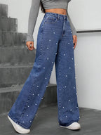 Pantalon droit en jean à perles pour femmes