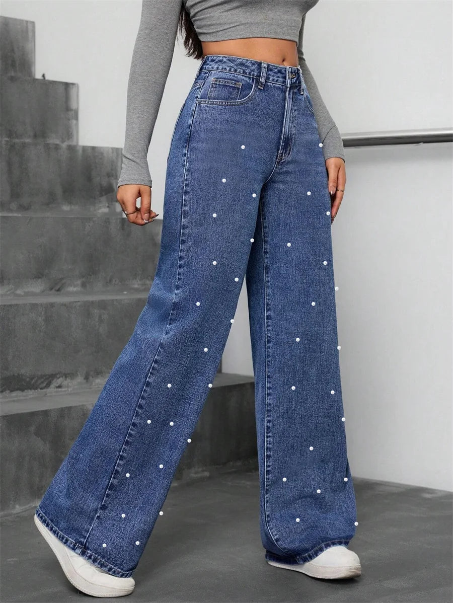 Pantalon droit en jean à perles pour femmes