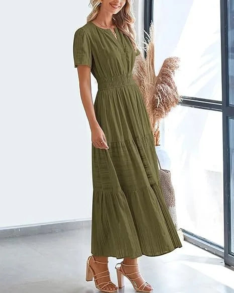 Robe longue plissée élégante style français à col en V pour femmes