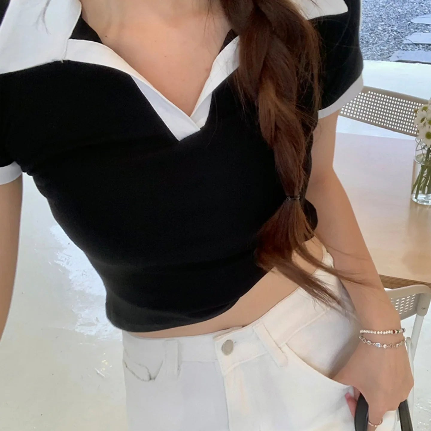 T-shirt polo à manches courtes en coton pur pour femmes