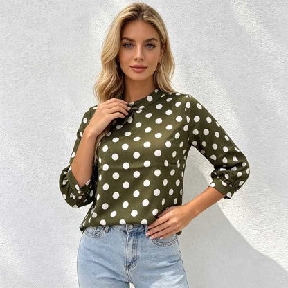 Chemisier à Pois Femme – Col Montant et Manches Longues
